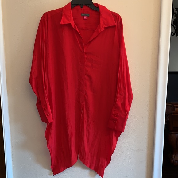 Vince Camuto Tie Front Button-Up Matte Satin Blouse in Bright Cherry, M ❤️ T16 - Picture 2 of 7